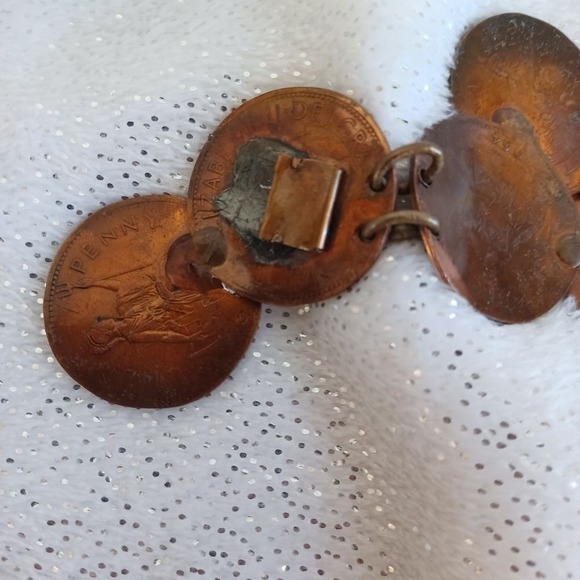 Bracelet Statement Oxidized Copper Turquoise Tone Coin Faux Bold 9" Boho Western - Picture 13 of 15